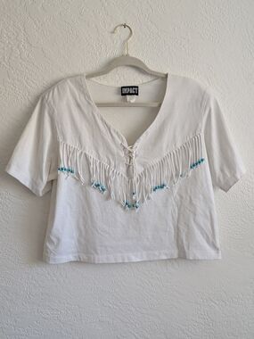 Vintage Pact White Fringe Crop Top with Turquoise Bead Accents